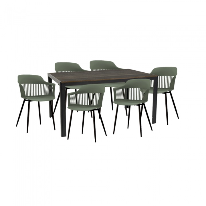 Set pentru curte/gradina/terasa RAKI VIDEIRA masa maro 156x78x74cm cu 6 scaune FLORIDA 53х59х81,5cm culoare verde/negru