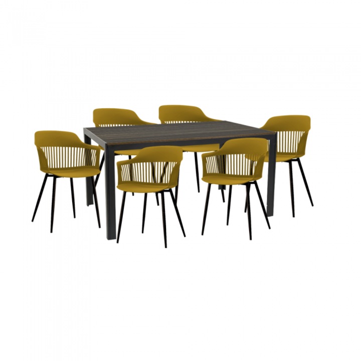 Set pentru curte/gradina/terasa RAKI VIDEIRA masa maro 156x78x74cm cu 6 scaune FLORIDA 53х59х81,5cm culoare galben/negru