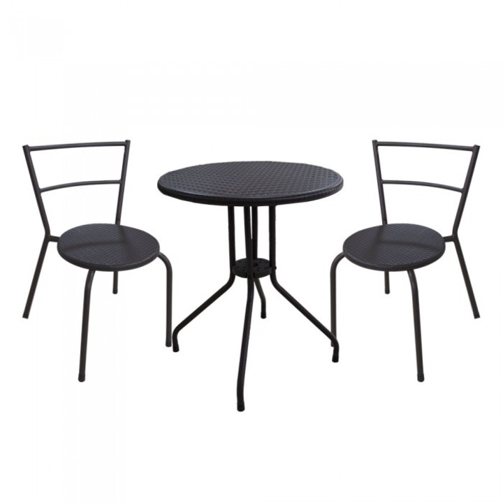 Set mobila pentru balcon RAKI masa D60xh74cm si 2 scaune 53x49,5xh76cm, aspect ratan maro