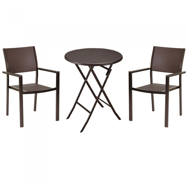 Set mobila pentru balcon RAKI, masa pliabila D60xh74cm si 2 scaune cu brate 58x53xh88cm, aspect ratan, maro, plastic/metal