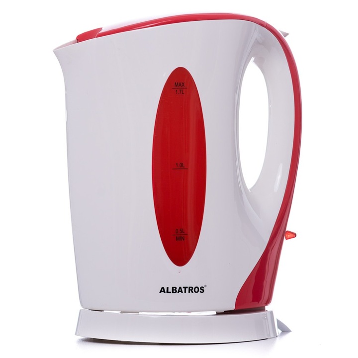 Fierbator de apa electric Albatros, 2200 W, 1.7 l, alb + rosu, oprire automata, filtru impuritati
