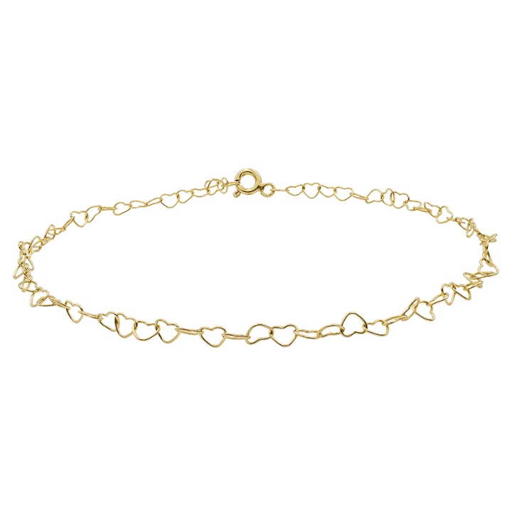 Bratara de picior din argint 925 placat cu aur de 18K, zale in forma de inimioare, 28 cm