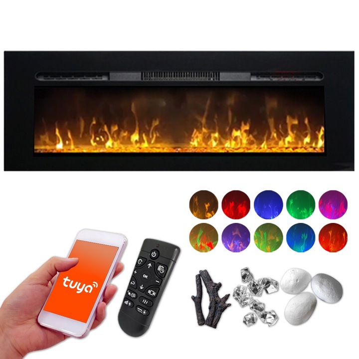 Semineu electric 3D ElectricSun PAULA GLASS negru, mediu, L153xH45cm, cu sunet, pe perete, podea sau incorporabil, 10 culori, WiFi cu aplicatie mobila Tuya