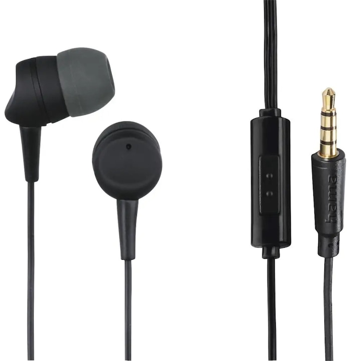 Casti audio Kooky cu microfon, Hama, in-ear, Multicontrol, Protectie impotriva indoirii cablului, conector jack 3.5 mm, cablu 1.2 m, Negru