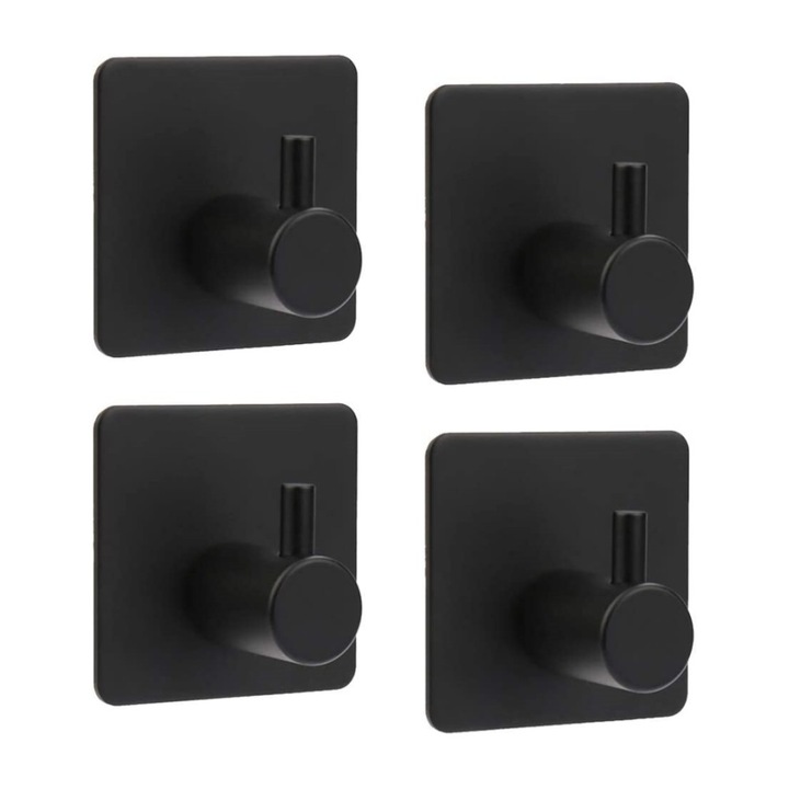 Set 4 carlige adezive, Pili-Paradise, Otel inoxidabil, Negru