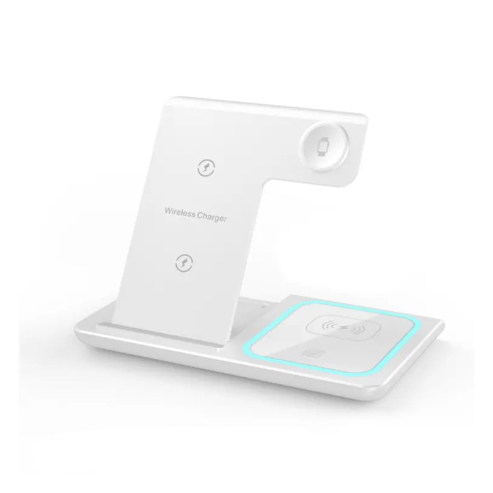 3 az 1-ben Qi gyorstöltő 15 W-os töltőállomás, kompatibilis Apple Watch All Series, Airpods Minden modellel és iPhone Android Samsung Huawei Xiaomival, fehér