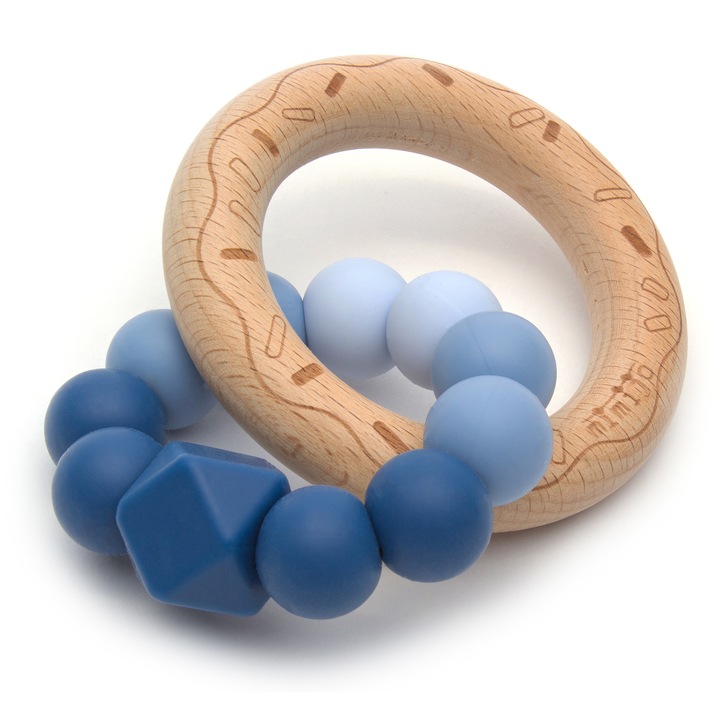 Jucarie dentitie din silicon si lemn natural, Sky