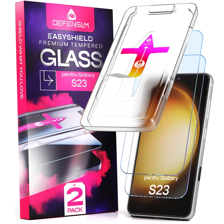 Set 2 Folii sticla compatibil cu Samsung Galaxy S23, DefenSlim, instalare usoara si rapida cu dispozitiv de potrivire automata in 30 sec cu Easy Install Kit patentat, protectie telefon