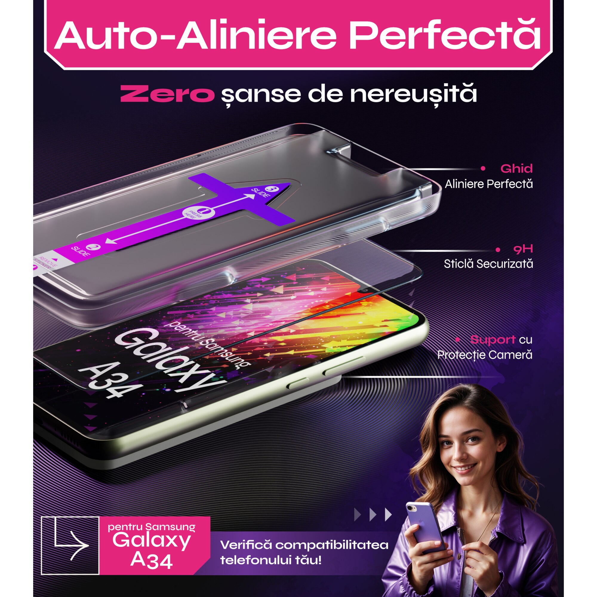 Set 2 Folii sticla compatibil cu Samsung Galaxy A34, DefenSlim, instalare usoara si rapida cu dispozitiv de potrivire automata in 30 sec cu Easy Install Kit patentat, protectie telefon