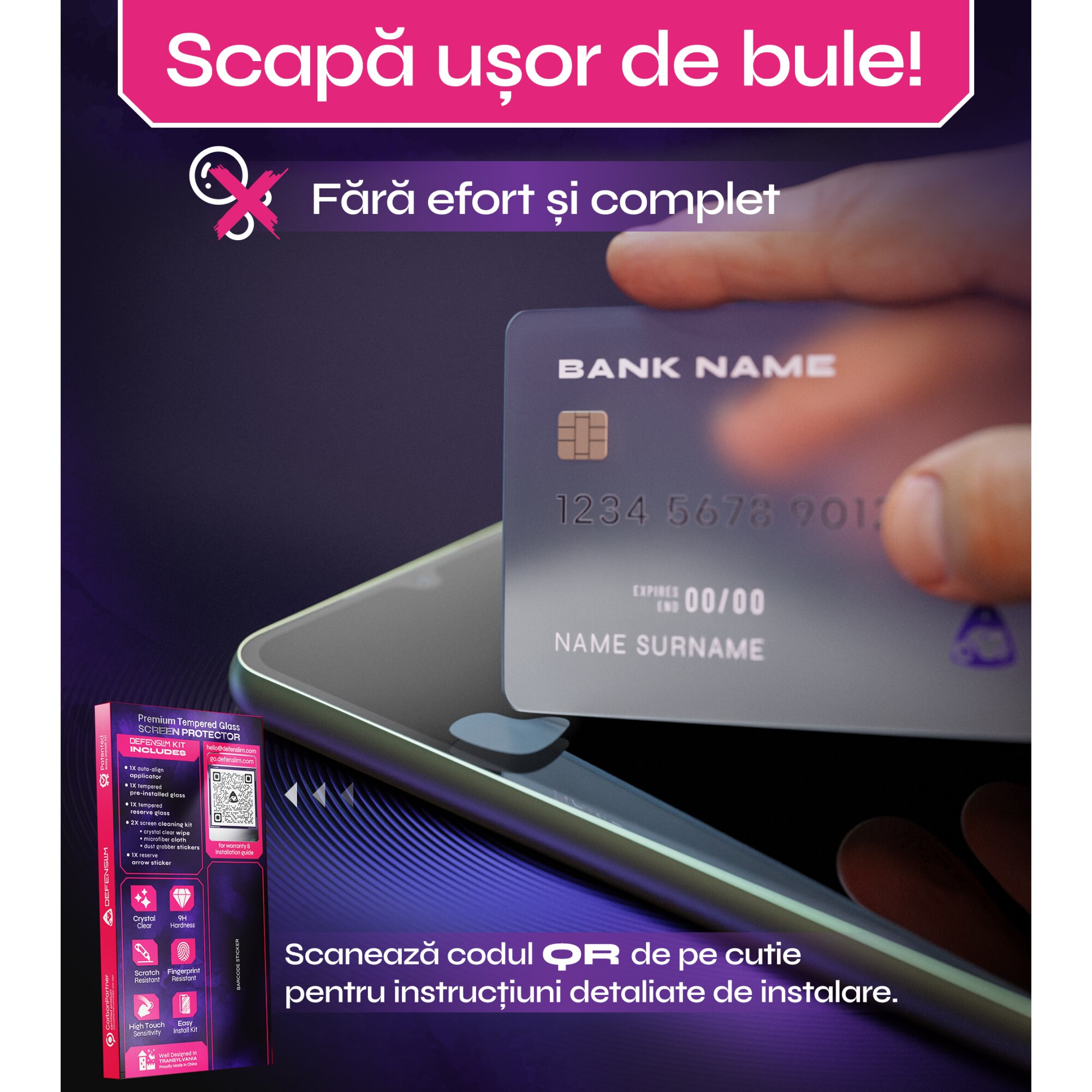 Set 2 Folii sticla compatibil cu Samsung Galaxy A34, DefenSlim, instalare usoara si rapida cu dispozitiv de potrivire automata in 30 sec cu Easy Install Kit patentat, protectie telefon