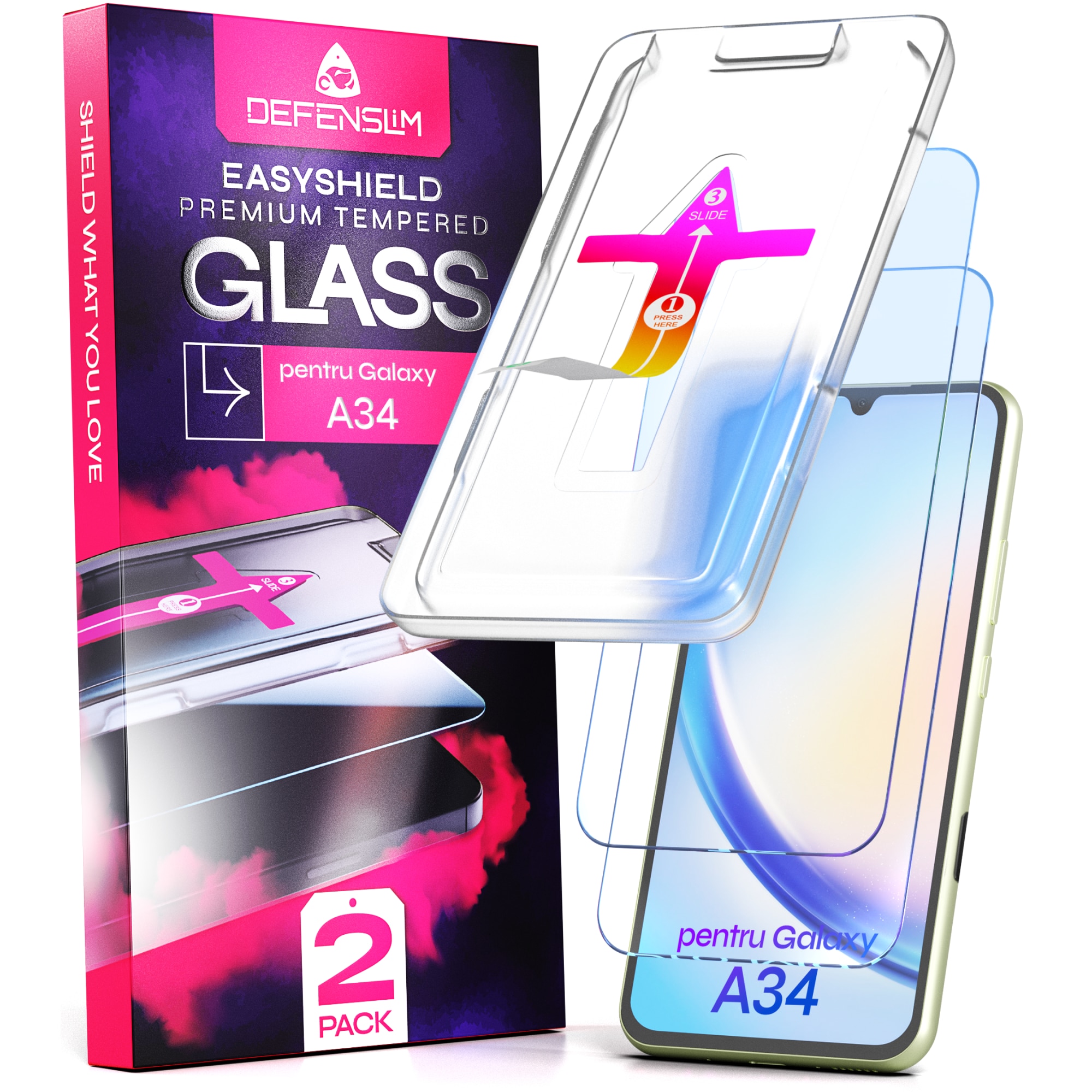 Set 2 Folii sticla compatibil cu Samsung Galaxy A34, DefenSlim, instalare usoara si rapida cu dispozitiv de potrivire automata in 30 sec cu Easy Install Kit patentat, protectie telefon
