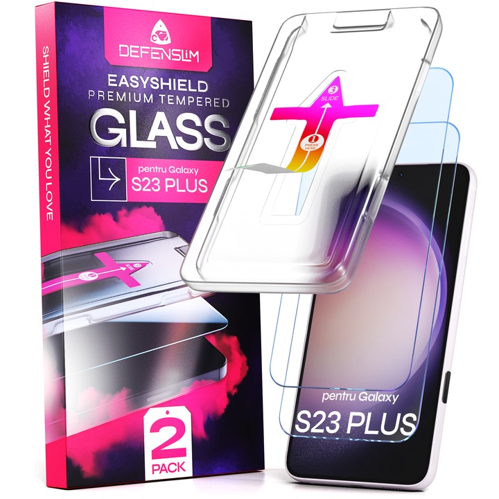 Set 2 Folii sticla compatibil cu Samsung Galaxy S23 Plus, DefenSlim, instalare usoara si rapida cu dispozitiv de potrivire automata in 30 sec cu Easy Install Kit patentat, protectie telefon