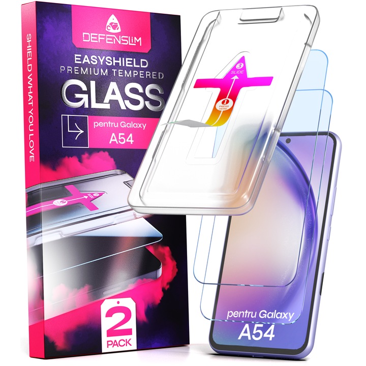Set 2 Folii sticla compatibil cu Samsung Galaxy A54, DefenSlim, instalare usoara si rapida cu dispozitiv de potrivire automata in 30 sec cu Easy Install Kit patentat, protectie telefon