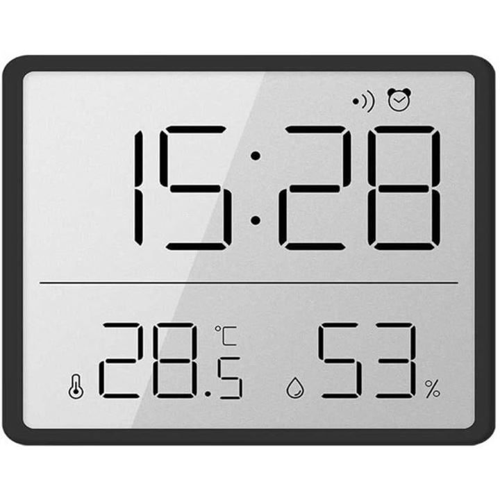 Мини многофункционален цифров стенен часовник, Roffie, LCD екран, черен