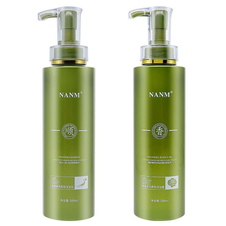 Nanmeishun tiszta növényi természetes összetevők, frissítő testápoló és sampon kétrészes készlet, unisex, világos ginzeng gyógynövény, 500ml,229204-2db, zöld