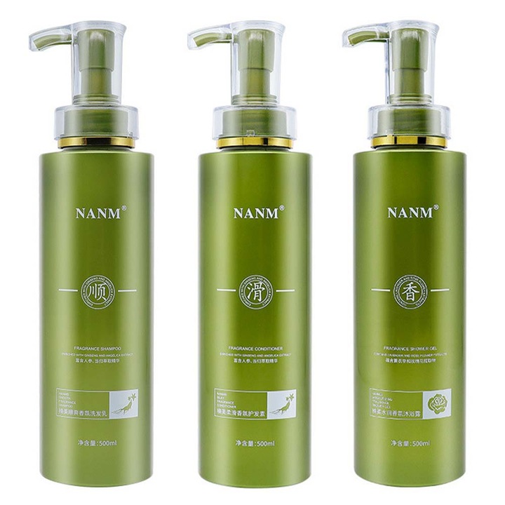 Nanmei Shun növényi esszencia, frissítő testápoló, sampon, balzsam, három részes készlet, uniszex, 500 ml,229205-3db, zöld