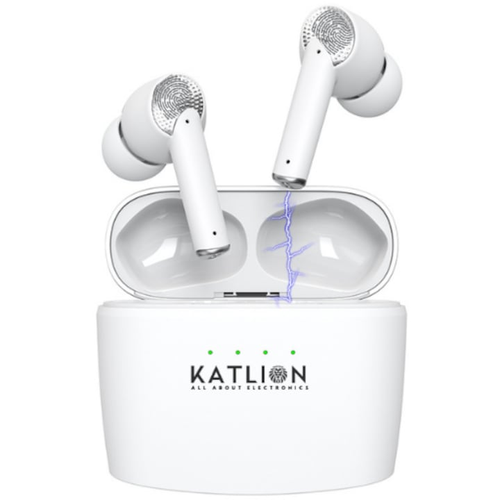 Vezeték nélküli fülhallgató Katlion, Bluetooth 5.2, 2000mAh, 4 Mikrofon, Waterproof, Hi-Fi True Stereo, Touch Control, szín fehér, iOs és Android készülékkel kompatibilis