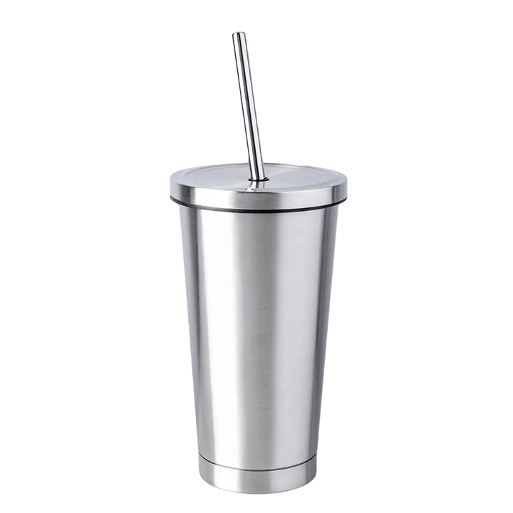 Termosz bögre, Zamo®, hűtsük vagy melegítsük, dupla falú, újrafelhasználható szívószál, rozsdamentes acél, 500 ml, ezüst