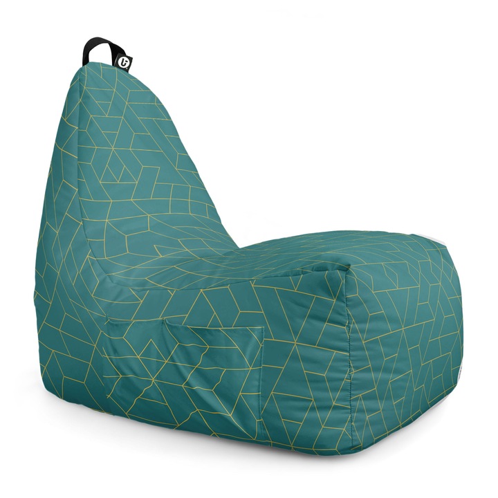 Fotoliu Updeco Puf Bean Bag tip Chill L, impermeabil, indoor/outdoor, sac interior, cu maner, 60 x 90 x 70 cm, turcoaz inchis si linii aurii