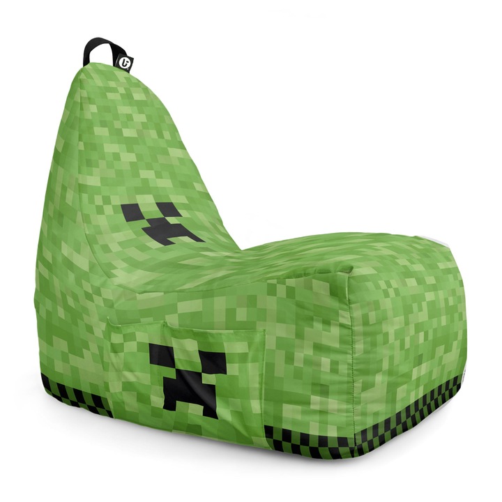 Fotoliu Updeco Puf Bean Bag tip Chill XL, impermeabil, indoor/outdoor, sac interior, cu maner, 66 x 95 x 75 cm, minecraft creeper