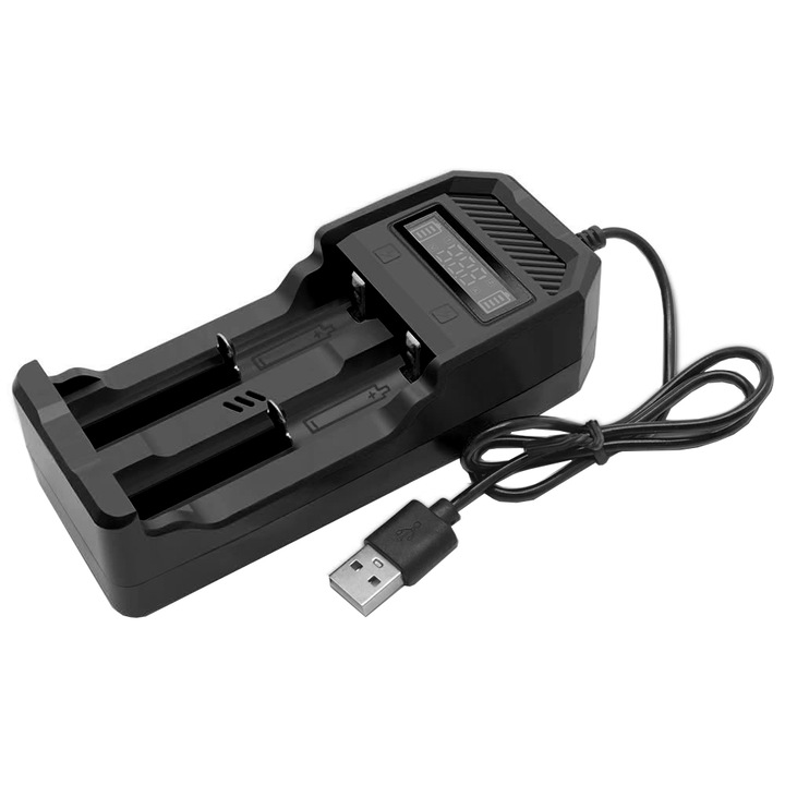 Incarcator digital pentru 2 acumulatori 18650 Li-Ion, incarcare USB 5V, negru