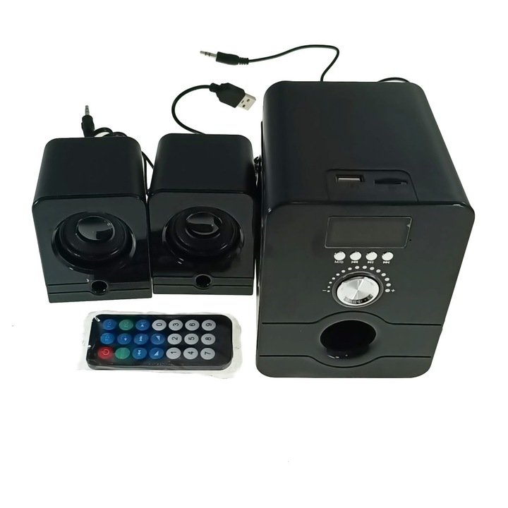 Boxe stereo 2.1 cu subwoofer, 11W, jack 3.5mm/Bluetooth/FM/microSD/USB, Platinet Bang black 45616, telecomanda, negre