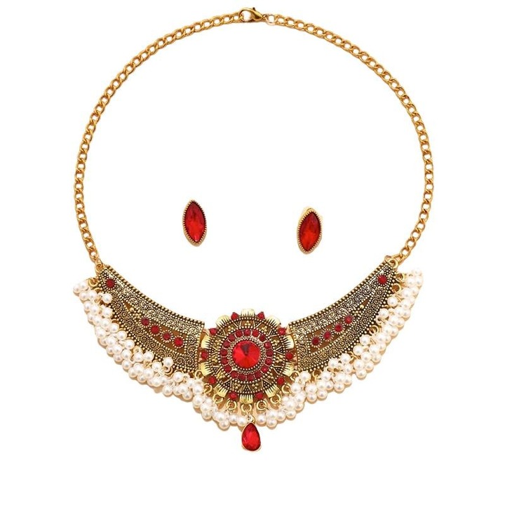 Set colier si cercei, auriu, stil indian, cu pietre rosii si perlute, Yanick C7, Pursehuit