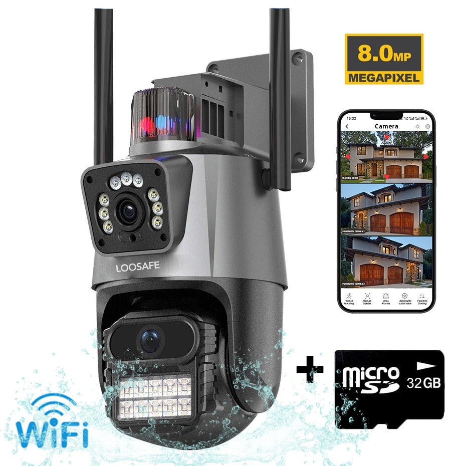 Camera de supraveghere dubla WIFI Loosafe® P11 Pro, 8MP, exterior/interior, Ultra HD, 5X zoom, rotire, leduri lumina, comunicare bidirectionala, alarma, senzor miscare, Argintiu
