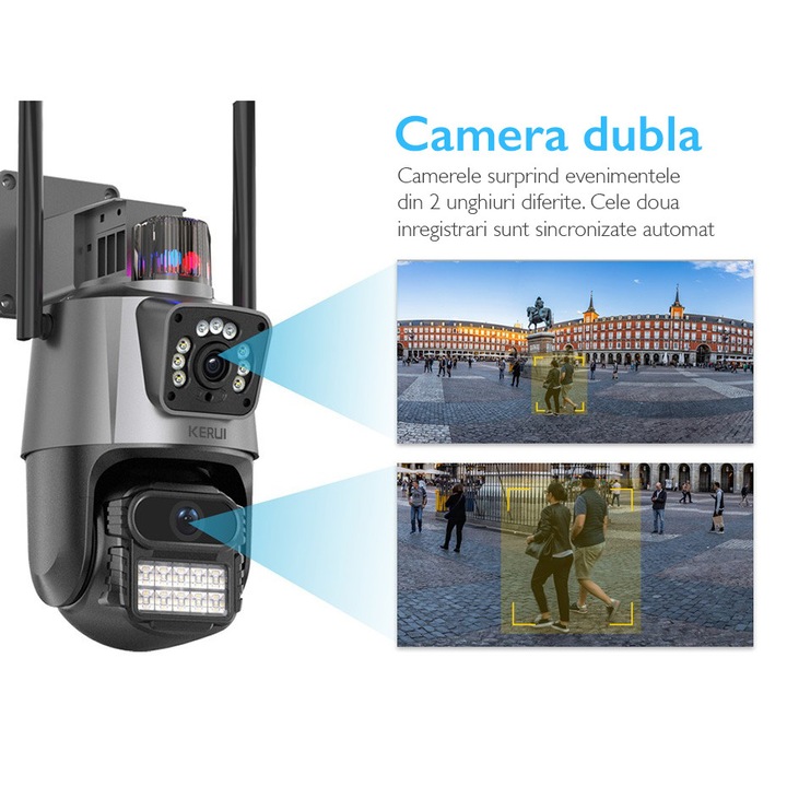 Camera de supraveghere dubla WIFI Loosafe® P11 Pro, 8MP, exterior/interior, Ultra HD, 5X zoom, rotire, leduri lumina, comunicare bidirectionala, alarma, senzor miscare, Argintiu