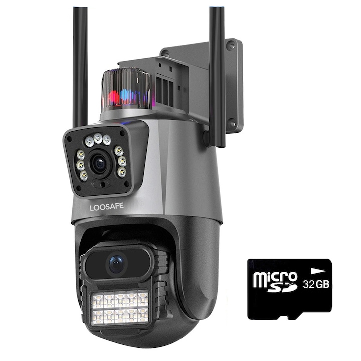 Camera de supraveghere dubla WIFI Loosafe® P11 Pro, 8MP, exterior/interior, Ultra HD, 5X zoom, rotire, leduri lumina, comunicare bidirectionala, alarma, senzor miscare, Argintiu