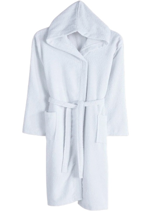 Halat dama de baie, StarFashion, stil prosop, cu gluga si buzunare, lung peste genunchi, absorbant, 100% bumbac, Alb