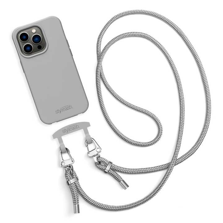 Husa premium cu snur detasabil compatibila cu iPhone 13 Pro Max, Styleash, Grey Silver