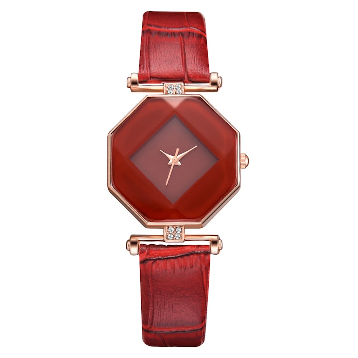 Дамски кварцов часовник, Rhombus Diamond Luxury, червен