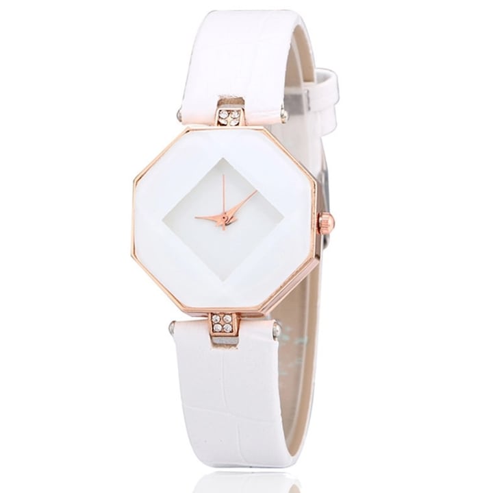 Дамски кварцов часовник, Rhombus Diamond Luxury, бял
