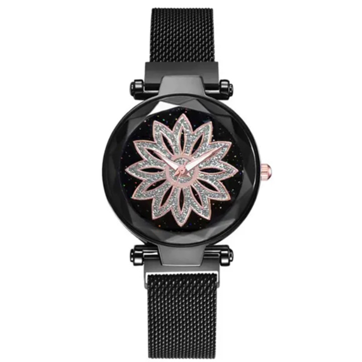 Дамски кварцов часовник, Flower Sky Diamond, черен