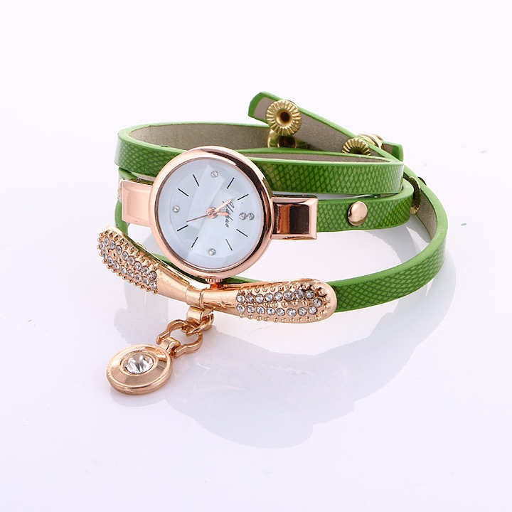 Дамски часовник тип гривна, Rhinestone Dot Pendant, преплетен, зелен, с висулка камъче