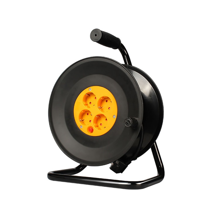 Удължител с макара и 4 гнезда, Muhler, Черен