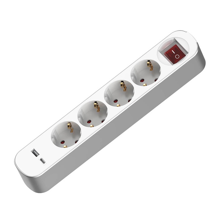 Разклонител с ключ, 4гн. +2X USB, Muhler, Сив