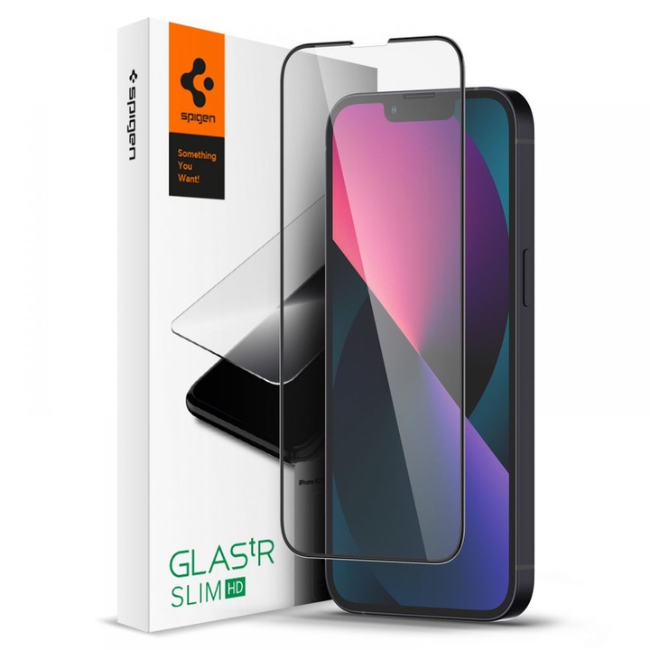 Spigen vékony képernyővédő fólia Apple iPhone 13 Pro / 13 telefonhoz, Secure Glass, Full Glue, Fekete AGL03392