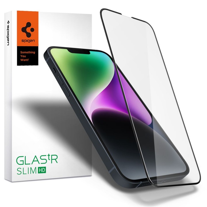 Стъклен протектор, съвместим с iPhone 17e - Spigen Glas.TR Slim HD - стъклен протектор с черна рамка