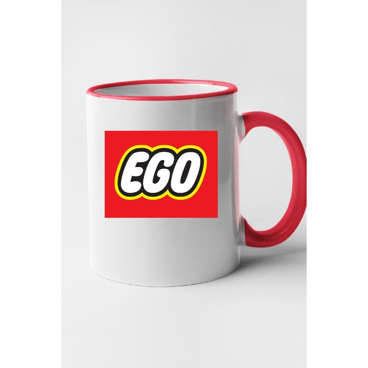 Cana personalizata cu imprimeu EGO, Ceramica, 330 ml, Maner si interior Rosu