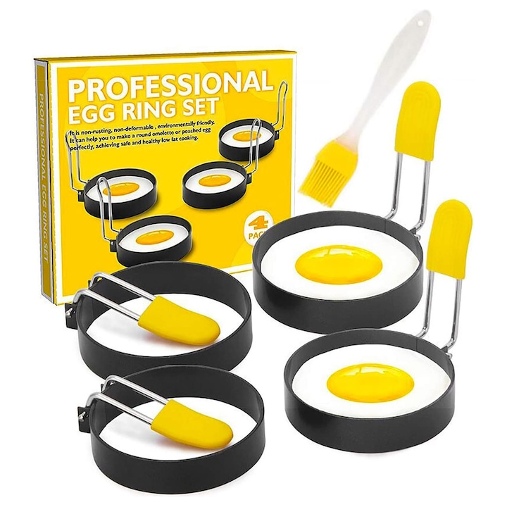 Комплект 4 формички за яйца с четки и незапарваща дръжка, Неръждаема стомана, OUYLAF, Черно/Жълто