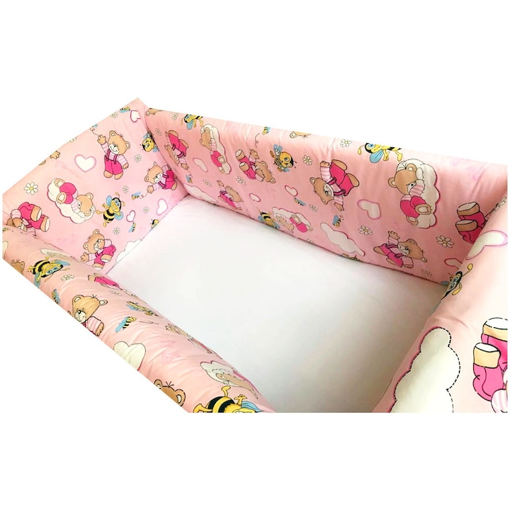 Maxi babaágy oldalvédő rögzíthető szett 120x60 cm Deseda Rózsaszín Medvék