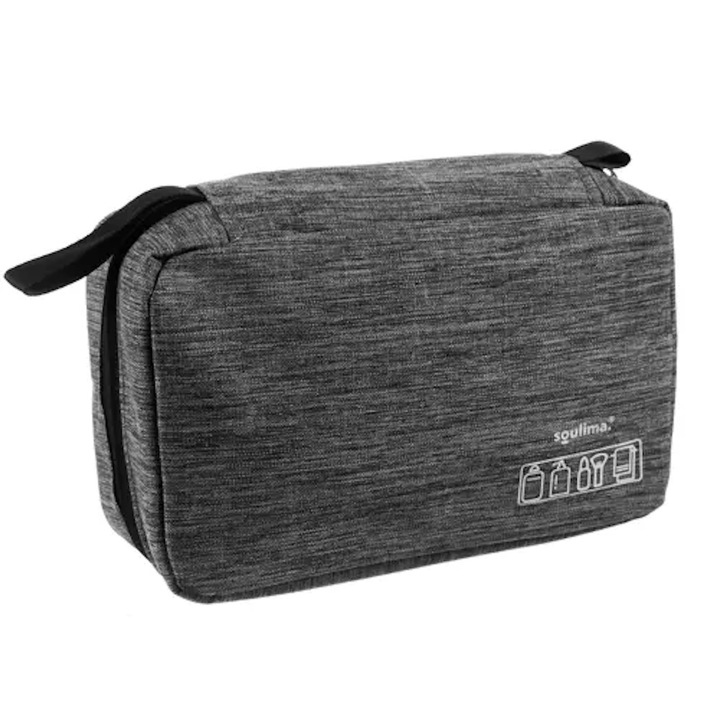 Geanta cosmetice pentru voiaj Soulima, textil, impermeabil, cu 3 compartimente, 23.5x6x16 cm, Gri