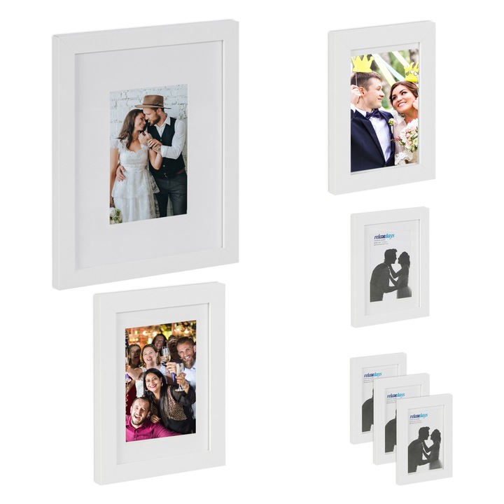 Set rame foto, 7 bucati, dimensiuni diferite, alb, MDF/sticla