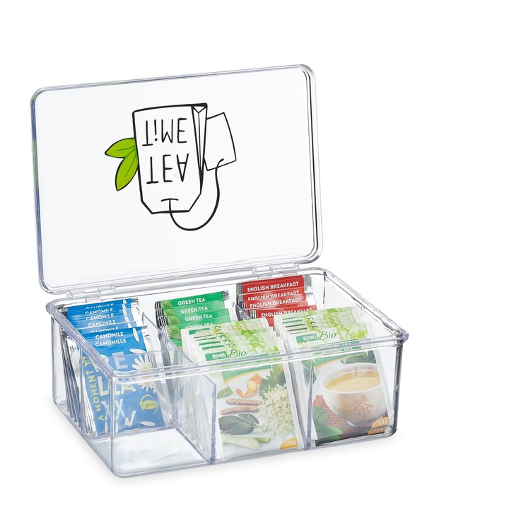 Прозрачна кутия за чай, с 6 отделения, 9 х 21,5 х 15 см