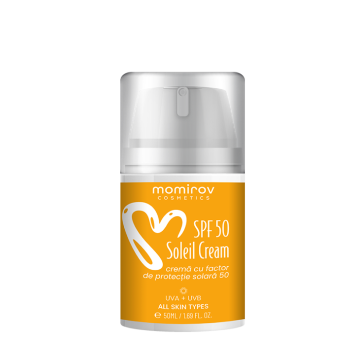 Crema de fata cu factor de protectie solara SPF 50+, Momirov Cosmetics, cu parfum fara alergeni, 50 ml