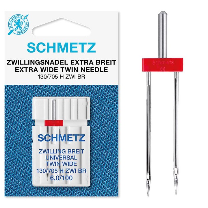 Széles Schmetz dupla tű, a tűk közötti távolság 6 mm, finomság 100