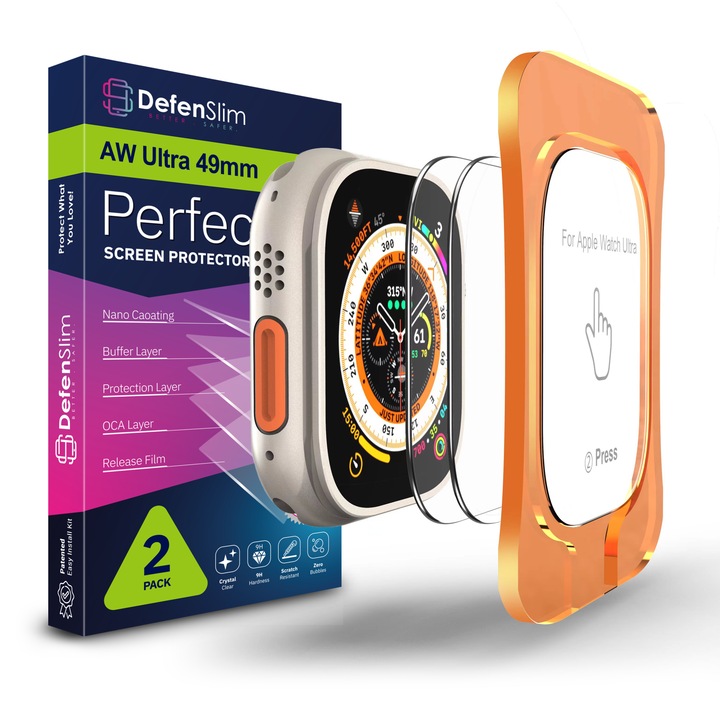 Комплект от 2 протектора за Apple Watch ULTRA 49mm от безопасно стъкло, DefenSlim, автоматично устройство за поставяне, Full Screen Protection