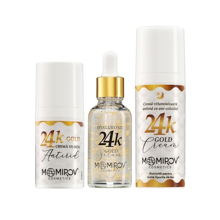 Set anti-rid pentru fata si ochi cu Aur 24K, Momirov Cosmetics, cu acid hialuronic, efect de lifting, Crema 30 ml, Ser 30 ml, Crema 50 ml